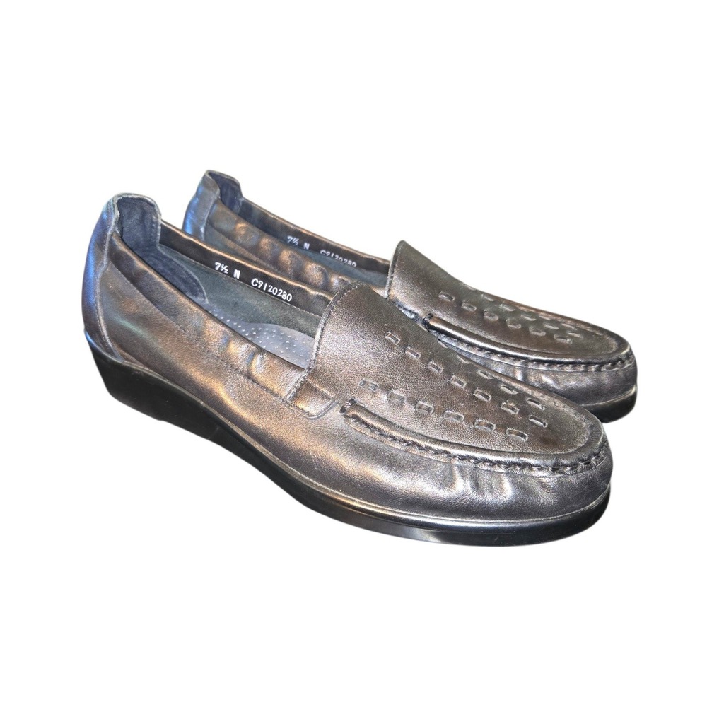 SAS Weave Slip On Loafers Womens 7.5 NARROW Black Leather Tripad Comfort Wedge